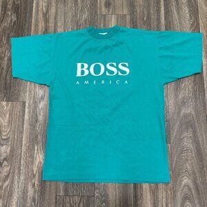 Vintage Hugo Boss America Shirt Men's Medium Green Big Logo Spell Out USA 90s